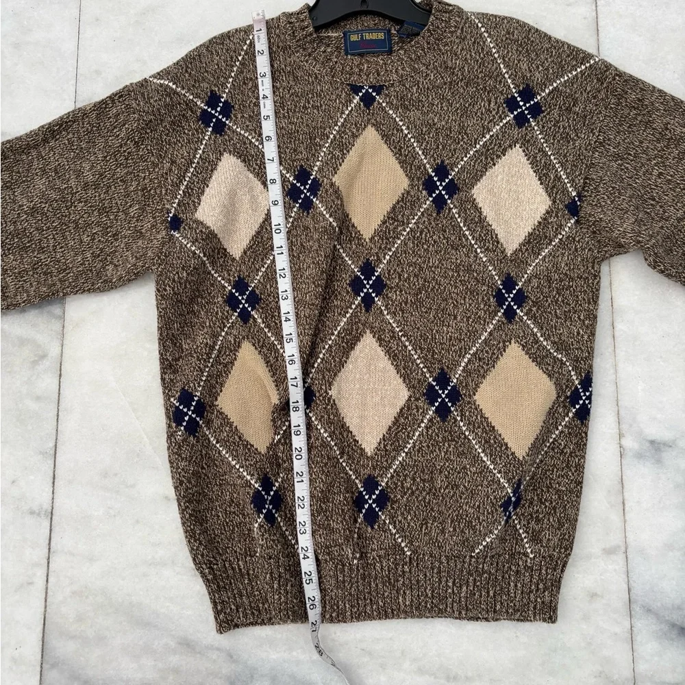 VTG Gulf Traders Sweater Brown Argyle Cotton Mens M Grandpa Preppy Professor